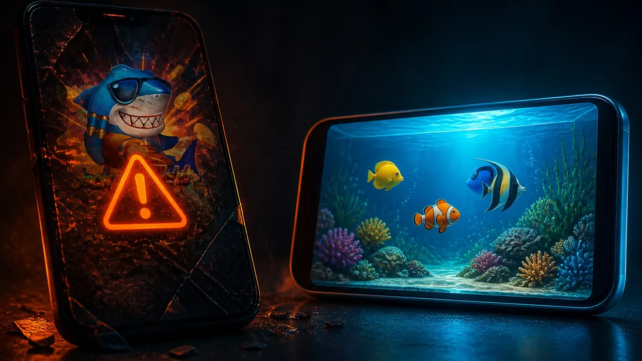 Cracked phone frame next to a clean tropical tank pane