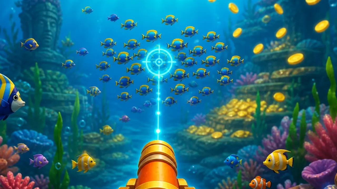 Arcade fish-shooter tank with shared cannons