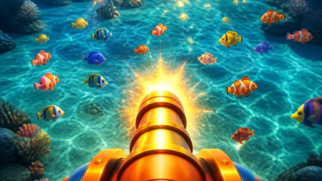 Close-up orange cannon aiming into the tropical tank