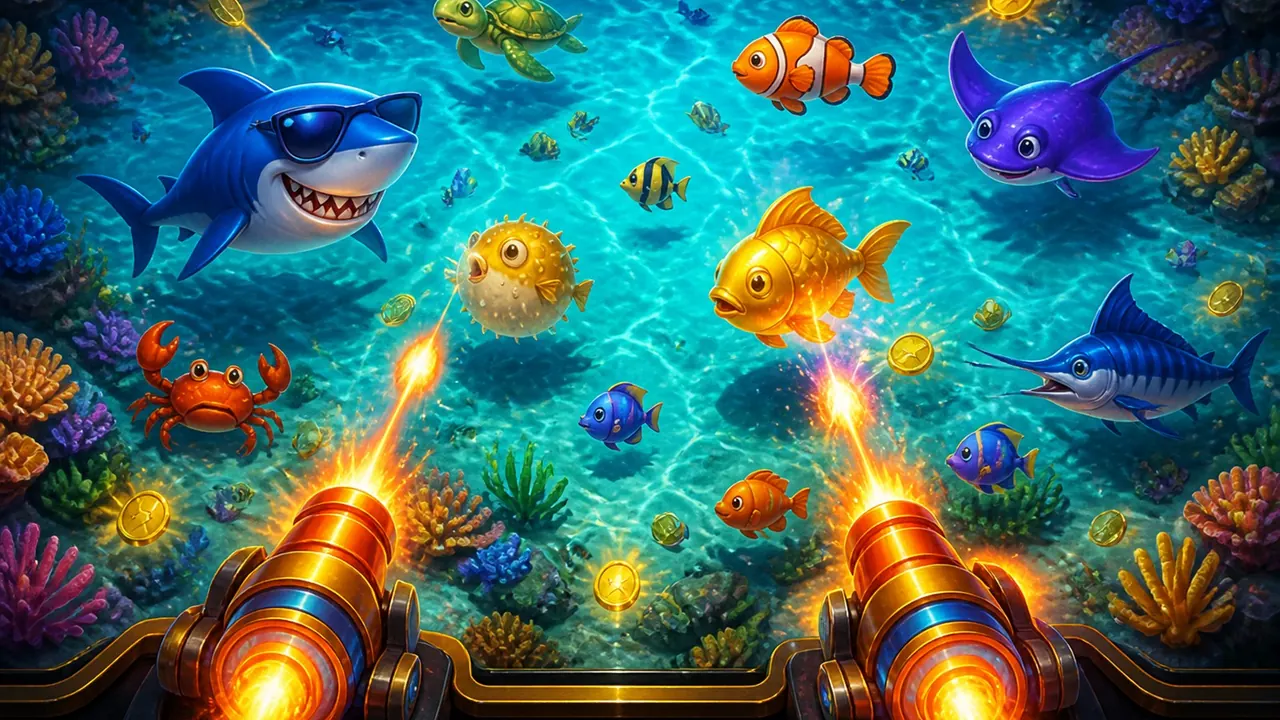 Tropical Jackpot Fishing tank with bottom cannons and mid-swim fish